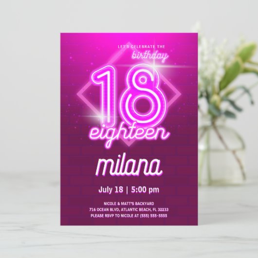 Pink Neon 18e Anniversaire Carte d'invitation (Debout devant)