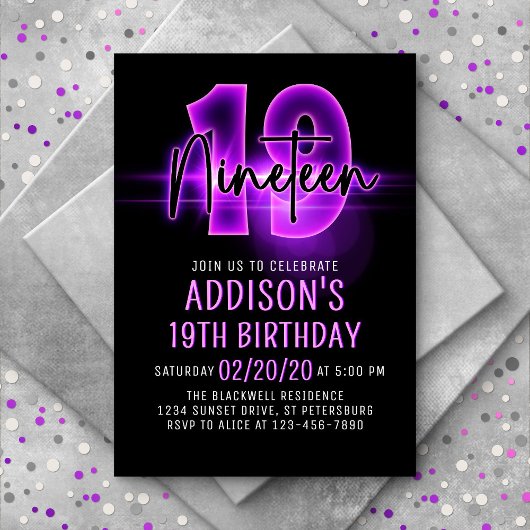 Pink Neon 19e anniversaire Invitation