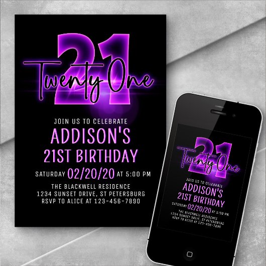 Pink Neon 21e anniversaire Invitation