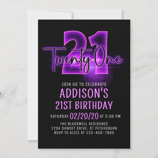 Pink Neon 21e anniversaire Invitation (Devant)