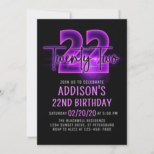 Pink Neon 22e Invitation d'anniversaire (Devant)