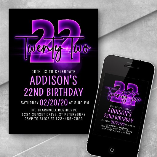 Pink Neon 22e Invitation d'anniversaire