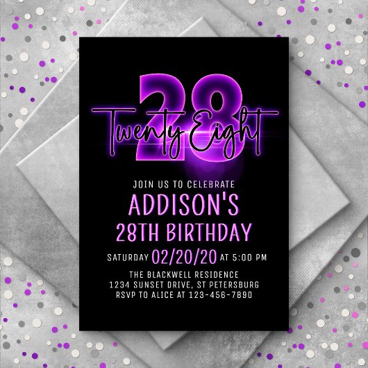 Pink Neon 28e anniversaire Invitation