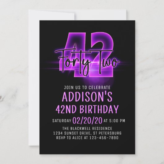 Pink Neon 42e Invitation d'anniversaire (Devant)