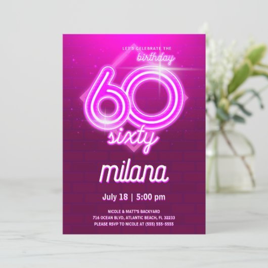 Pink Neon 60e Anniversaire Carte d'invitation (Debout devant)