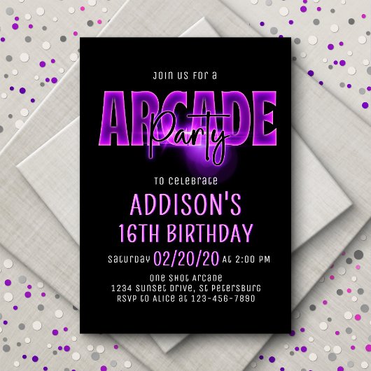 Pink Neon Arcade Party Anniversaire Invitation
