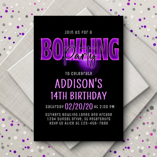 Pink Neon Bowling Party Anniversaire Invitation