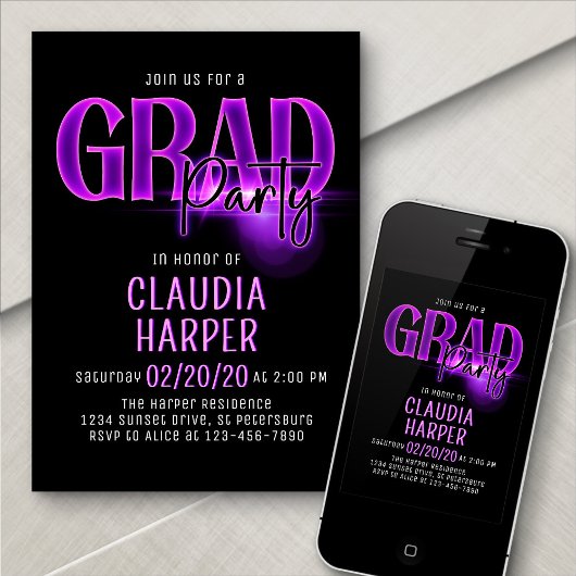 Pink Neon Graduation Grad Party Invitation