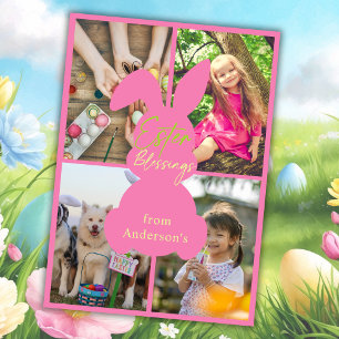 Pink Neon Happy Easter Bunny Ears 4 foto's Collage Feestdagenkaart