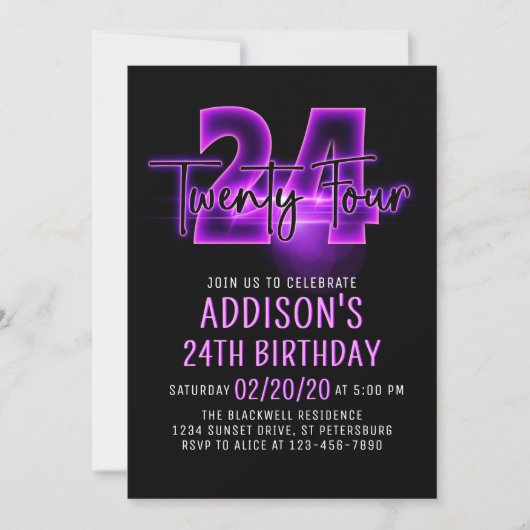 Pink Neon Invitation 24e anniversaire (Devant)