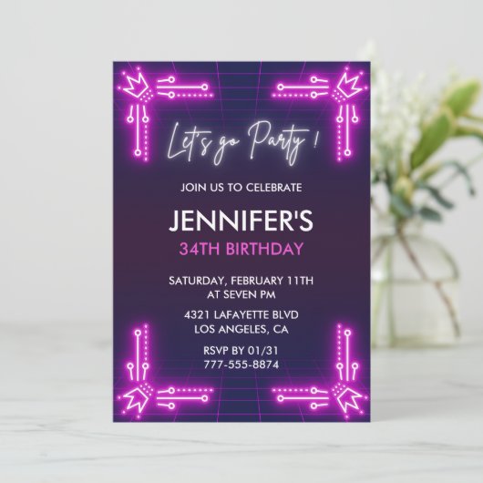 Pink Neon Simple invitations de 34e anniversaire G (Debout devant)