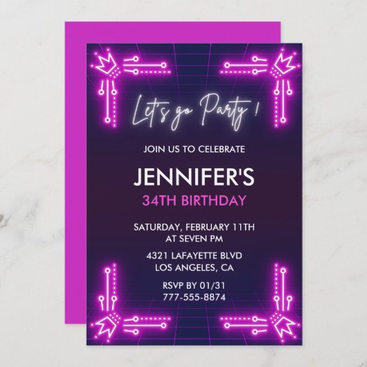 Pink Neon Simple invitations de 34e anniversaire G (Devant / Derrière)