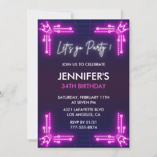 Pink Neon Simple invitations de 34e anniversaire G
