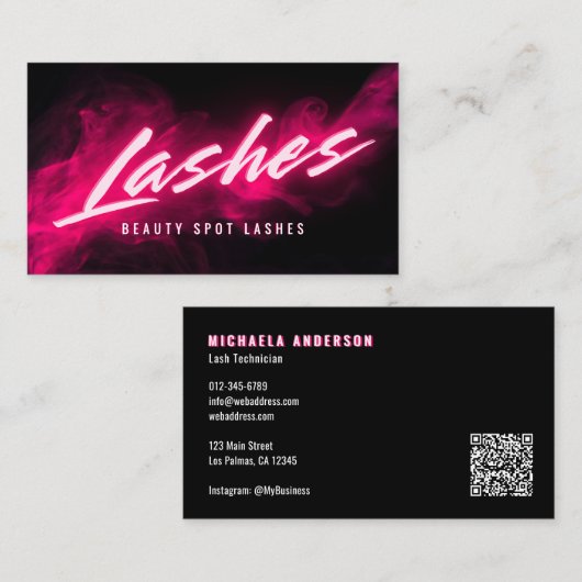 Pink Neon & Smoke Lash Tech QR Code & Socials Visitekaartje (Voorkant / Achterkant)