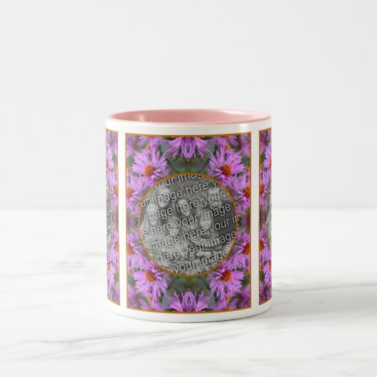 Pink New England Aster Flowers Uw foto toevoegen Tweekleurige Koffiemok (Center)