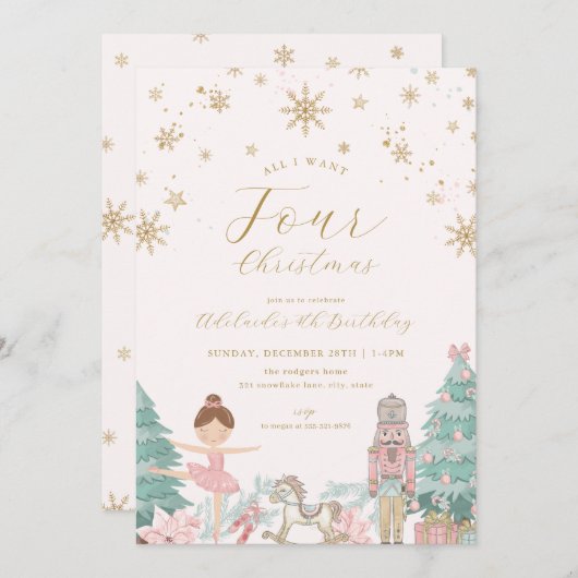 Pink Nutcracker Ballet Fourth Birthday Invitation (Devant / Derrière)