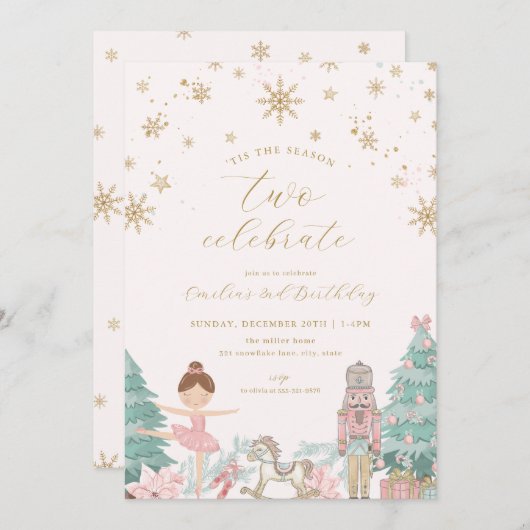 Pink Nutcracker Ballet Second Birthday Invitation Kaart (Voorkant / Achterkant)