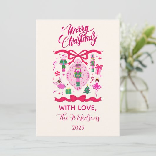 Pink Nutcracker Christmas Feestdagenkaart (Staand voorkant)