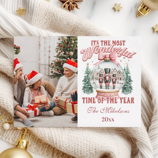 Pink Nutcracker Christmas Photo Wonderland Glob Feestdagenkaart