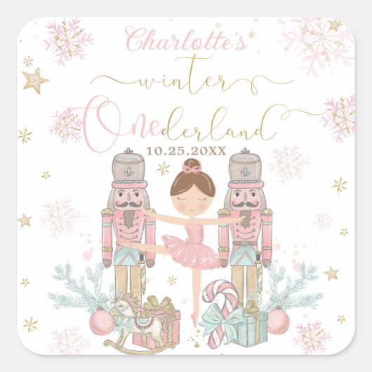 Pink Nutcracker Winter Onederland 1st Birthday Vierkante Sticker (Voorkant)