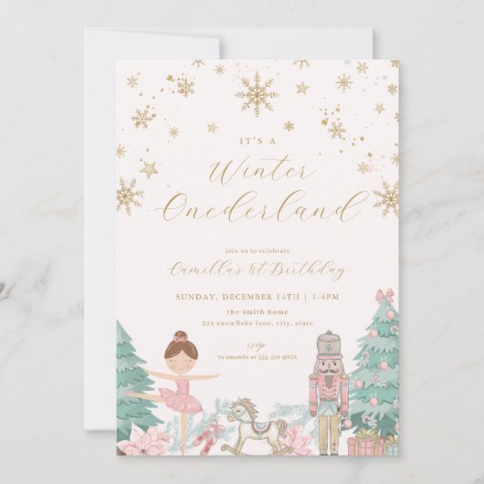 Pink Nutcracker Winter Onederland Birthday Invite Kaart (Voorkant)