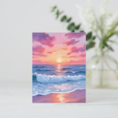 Pink Ocean Waves Sunset Waterverf Briefkaart (Staand voorkant)