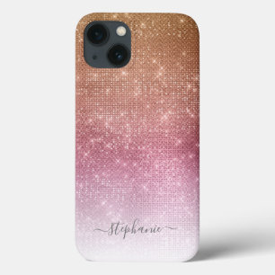 Pink Ombre Sparkle Glitter Girly Glam Monogram iPhone 13 Hoesje