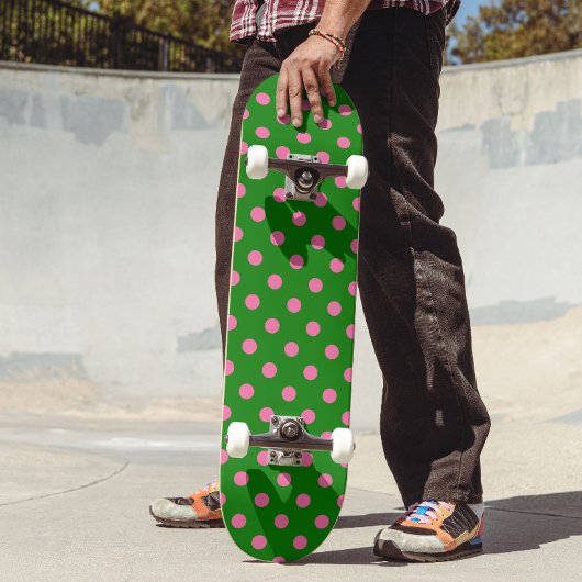 Pink On Green Polka Dots Pattern Design Skateboard