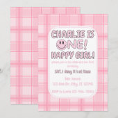Pink One Happy Girl anniversaire Invitation (Devant / Derrière)