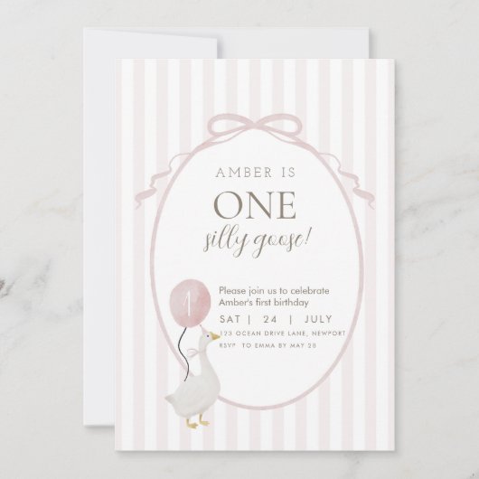 Pink One Silly Goose First Birthday Invitation (Devant)