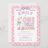 Pink One Silly Goose-Retro Girl First Birthday Kaart (Voorkant)