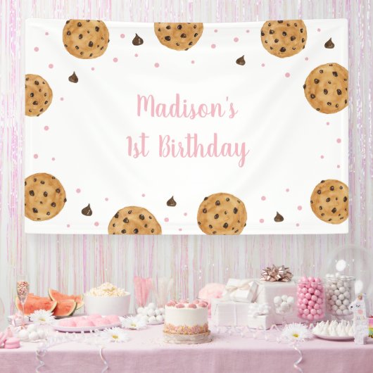 Pink One Sweet Cookie Eerste Verjaardag Spandoek (Feest)