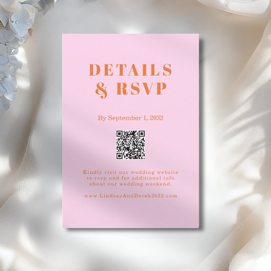 Pink Orange Bold Font QR Code Wedding RSVP  Informatiekaartje
