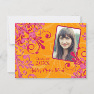 Pink Orange Floral Photo Graduation Invitation
