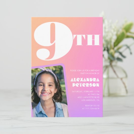 Pink Orange Gradient 9e anniversaire invitation Ph (Debout devant)