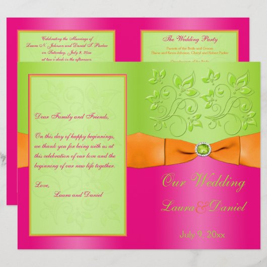 Pink, Orange, Lime Floral Wedding Programme (Devant / Derrière)