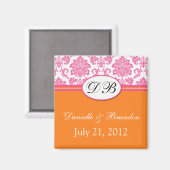 Pink Orange Monogramme Mariage damassé Magnet (Recto/Verso)