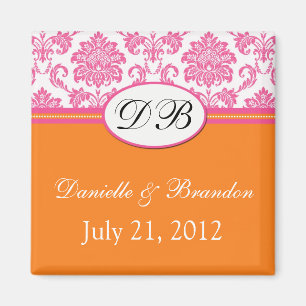 Pink Orange Monogramme Mariage damassé Magnet