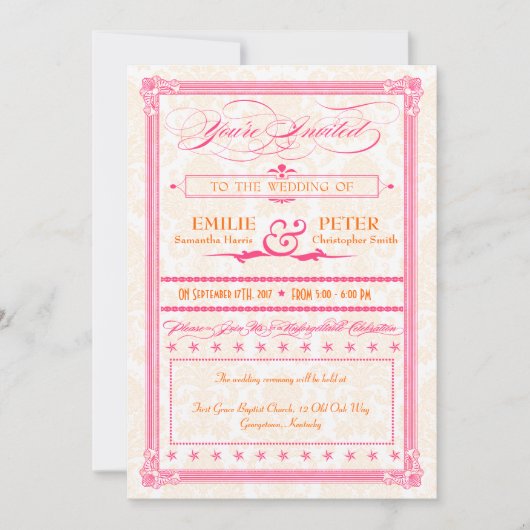 Pink & Orange Poster Style Wedding Invitation (Devant)