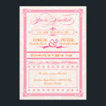 Pink & Orange Poster Style Wedding Invitation<br><div class="desc">Cette belle faire-part de mariage rose et orange, dont une partie spéciale pour la réception à l'arrière, avec un arrière - plan en damas fleuri blanc et clair, est vintage et démodée, avec un design de lettre à l'ancienne, avec des éléments de script élaborés, une bannière décorative, des étoiles et...</div>