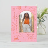 Pink Orange Retro Faire-part de graduation photo (Debout devant)