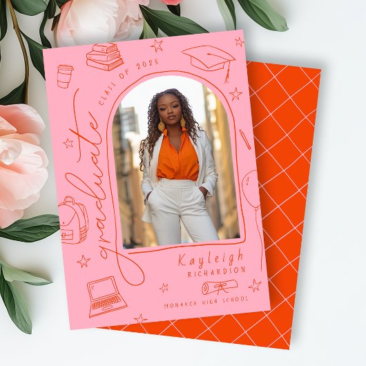 Pink Orange Retro Faire-part de graduation photo