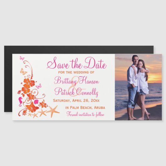 Pink, Orange Tropical Beach Save the Date Magnet (Devant / Derrière)