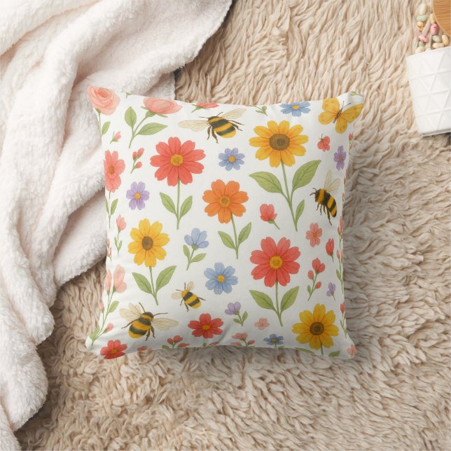 Pink Orange Yellow Floral and Bee Pattern  Kussen (Deken)