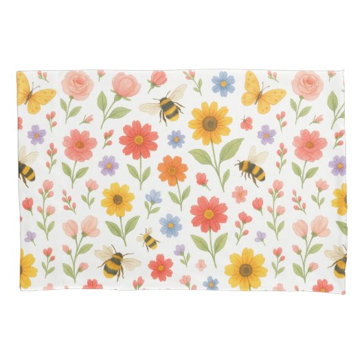 Pink Orange Yellow Floral and Bee Pattern Kussensloop (Voorkant)