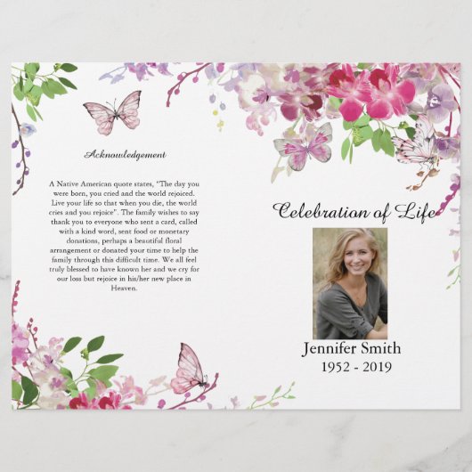 Pink Orchids Butterfly Funeral Programme Flyer (Voorkant)