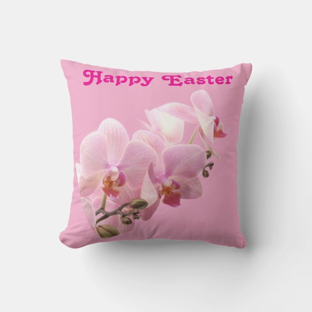 Pink Orchids “Happy Easter” Throw Pillow Kussen (Voorkant)