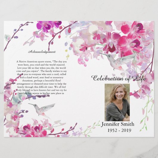 Pink Orchids Hummingbird Funeral Programme Flyer (Voorkant)