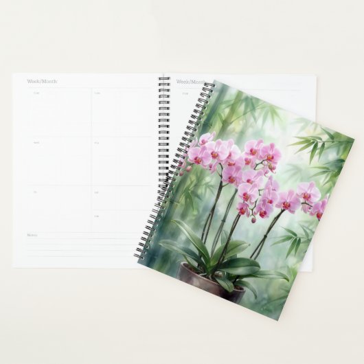 Pink Orchids On Green Bamboo Background Planner (Display)