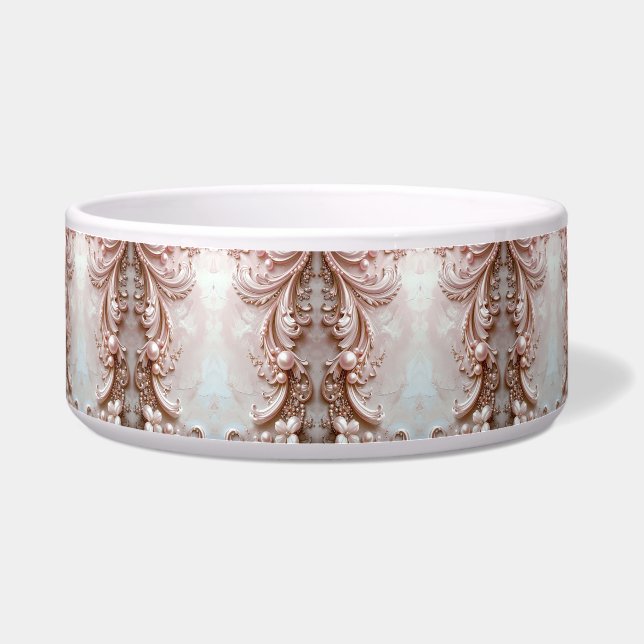 Pink Ornate Pearl and Floral Ceramic Pet Bowl Voerbakje (Voorkant)